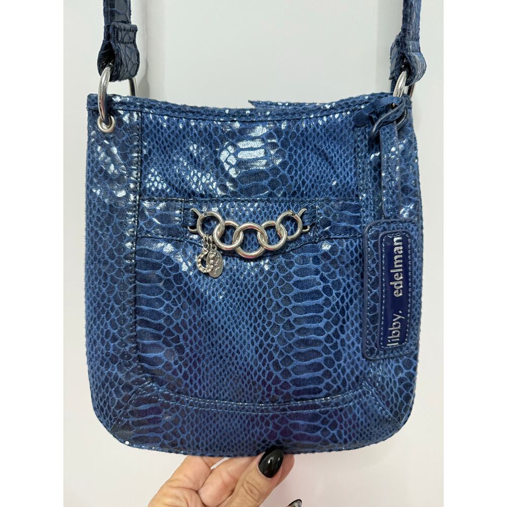 Libby Edelman blue snake-print faux leather crossbody bag hardware chain detail